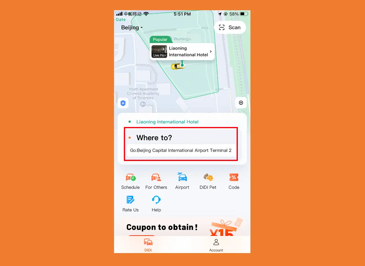Setting the Airport Terminal as Destination in Didi App